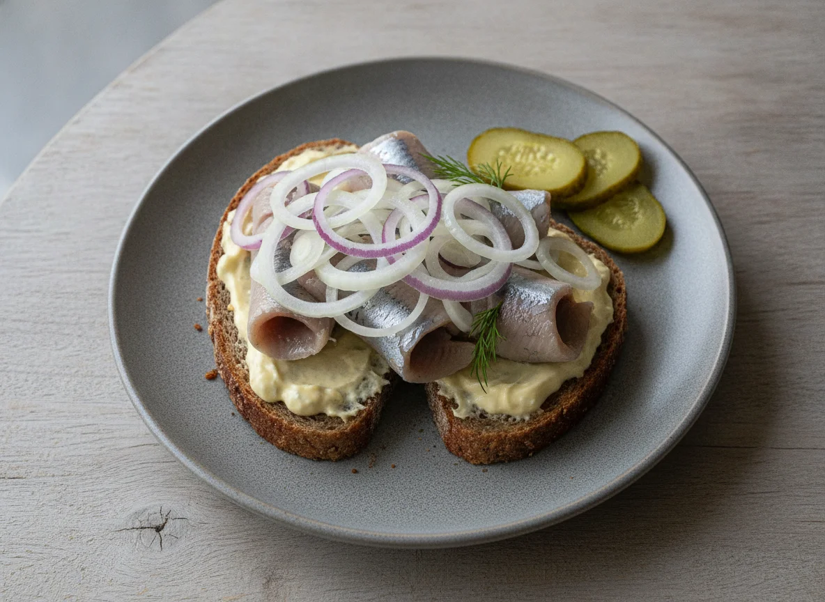 Fischbrötchen mit Matjes und Zwiebeln photo