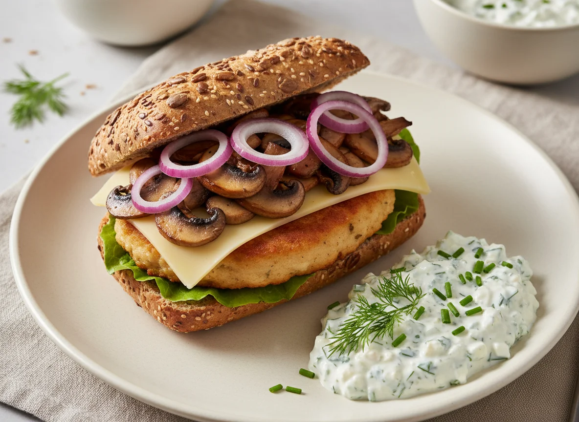 Fischbrötchen mit Pilzen und Dip photo