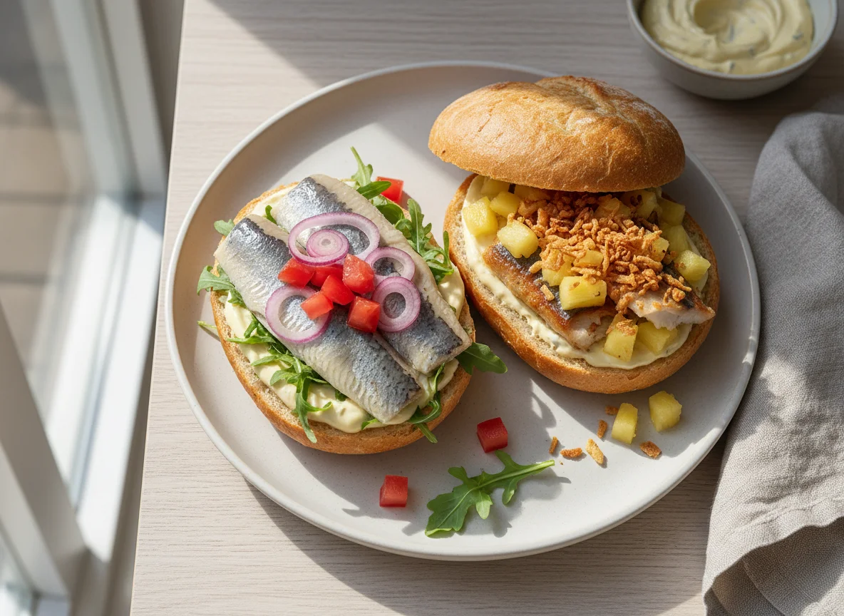 Fischbrötchen mit verschiedenen Belägen photo