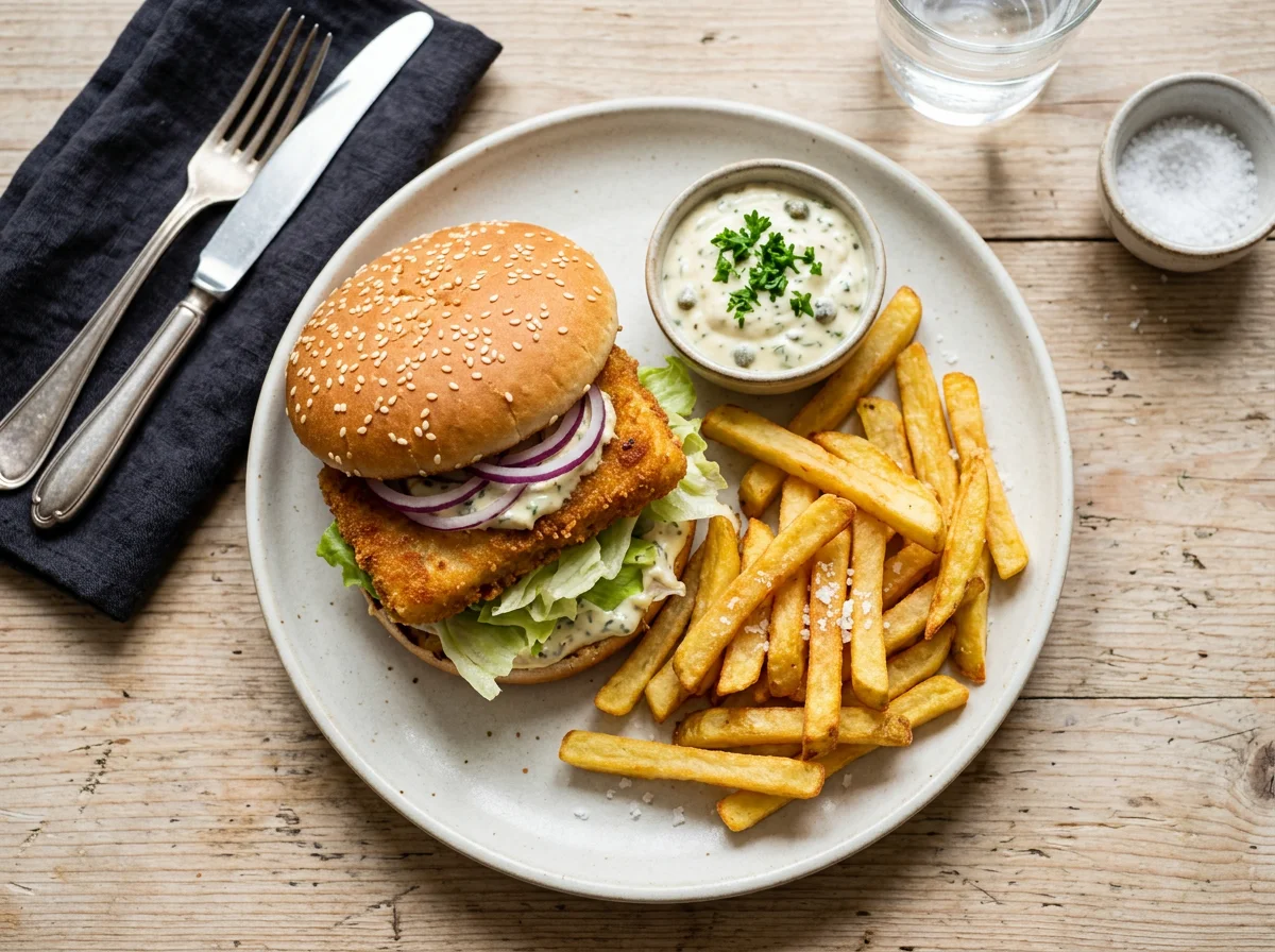 Fischburger mit Pommes Frites photo