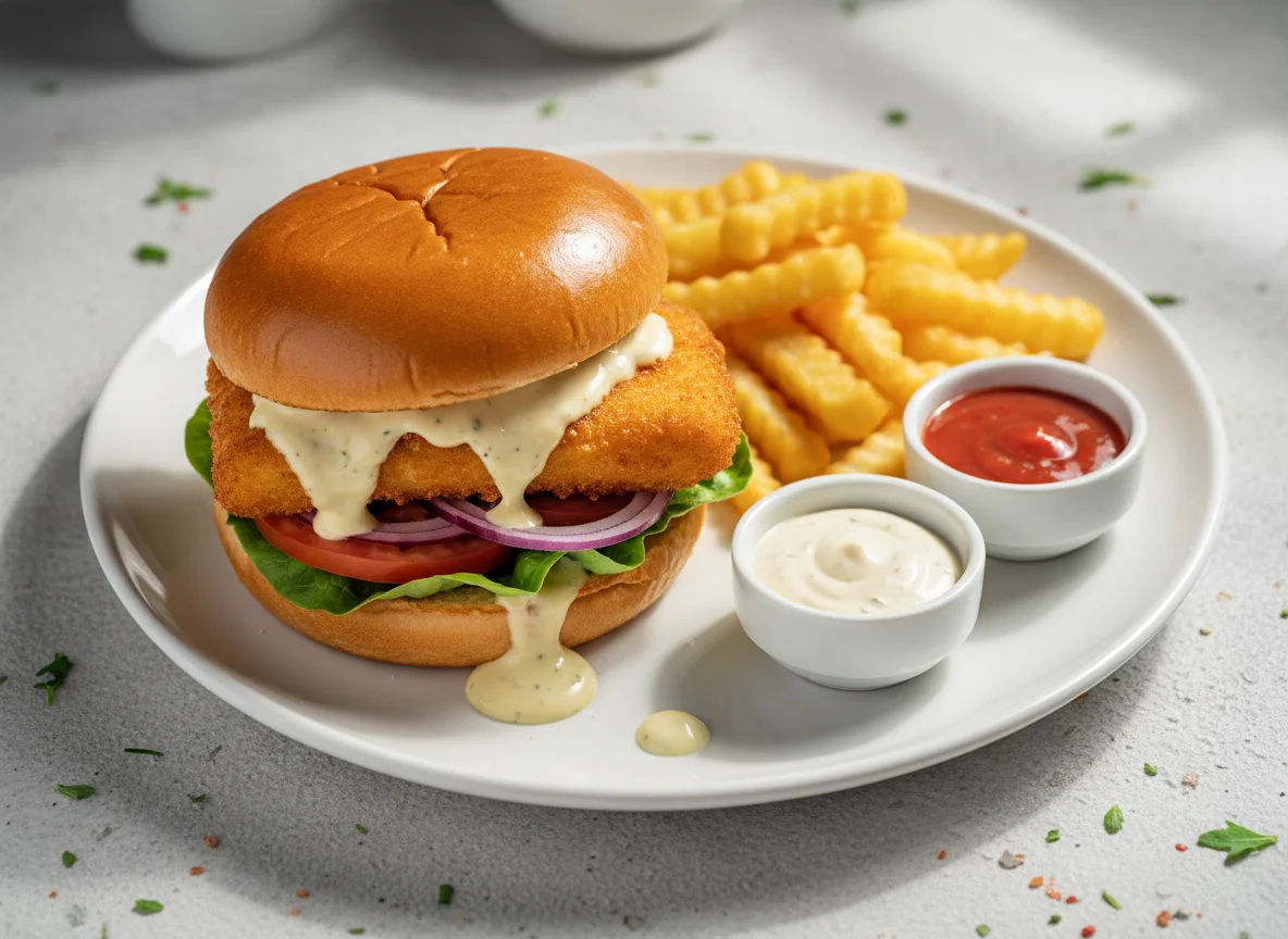 Fischburger mit Pommes Frites und Sauce photo
