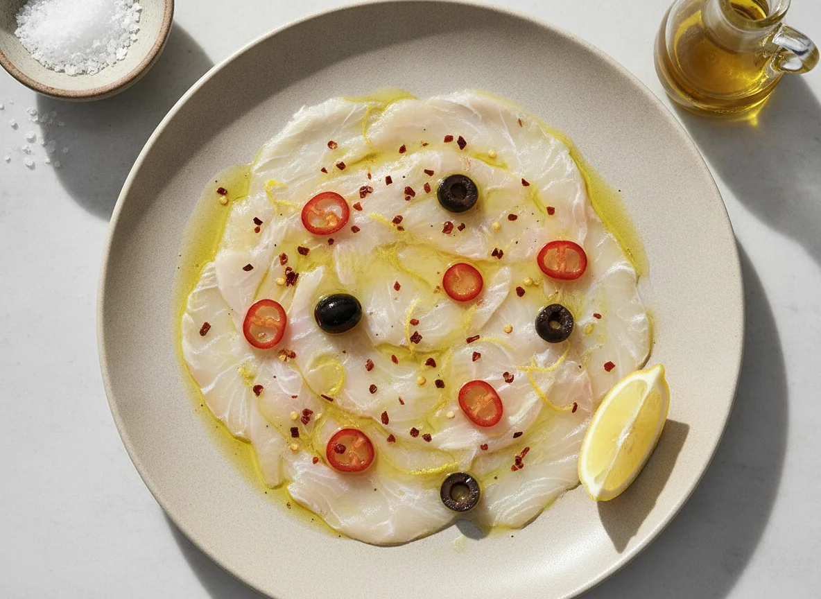 Fisch-Carpaccio mit Olivenöl und Chili photo