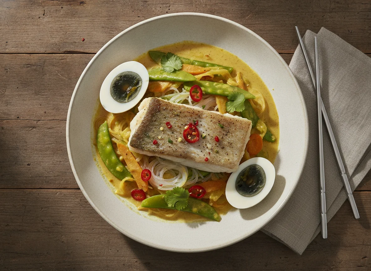 Fischcurry mit Gemüse und Nudeln photo