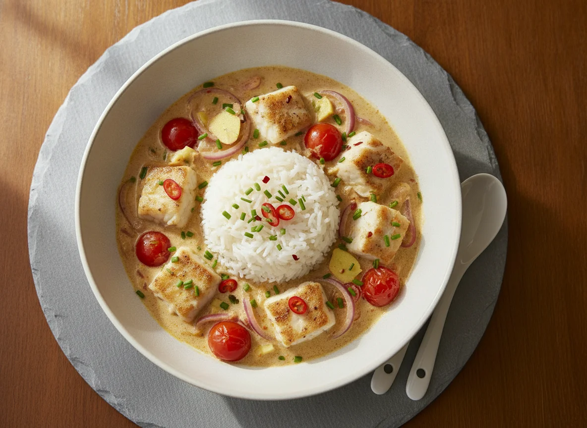 Fisch-Curry mit Reis photo