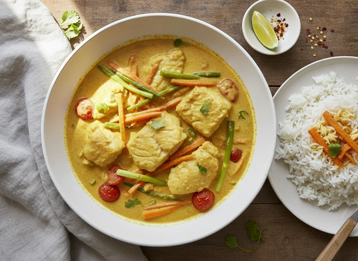 Fischcurry mit Reis und Gemüse photo