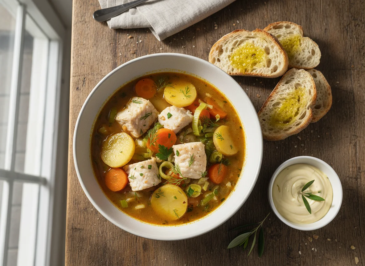 Fischeintopf mit Brot und Aioli photo