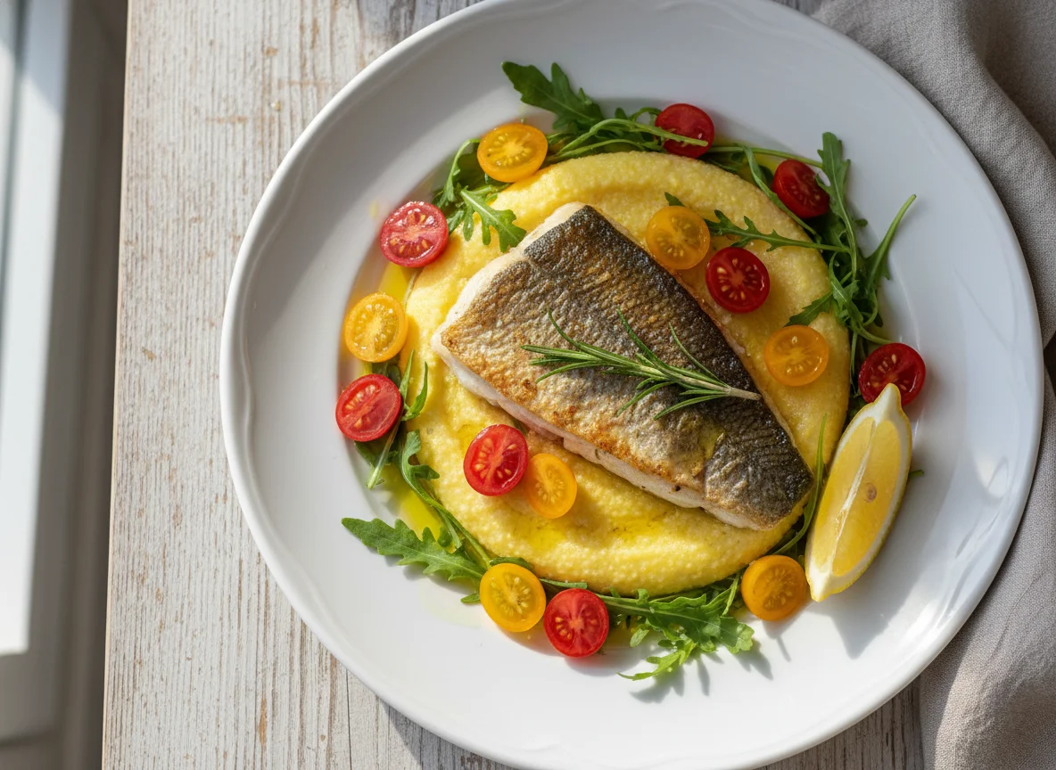 Fischfilet auf Polenta mit Rucola und Cherrytomaten photo