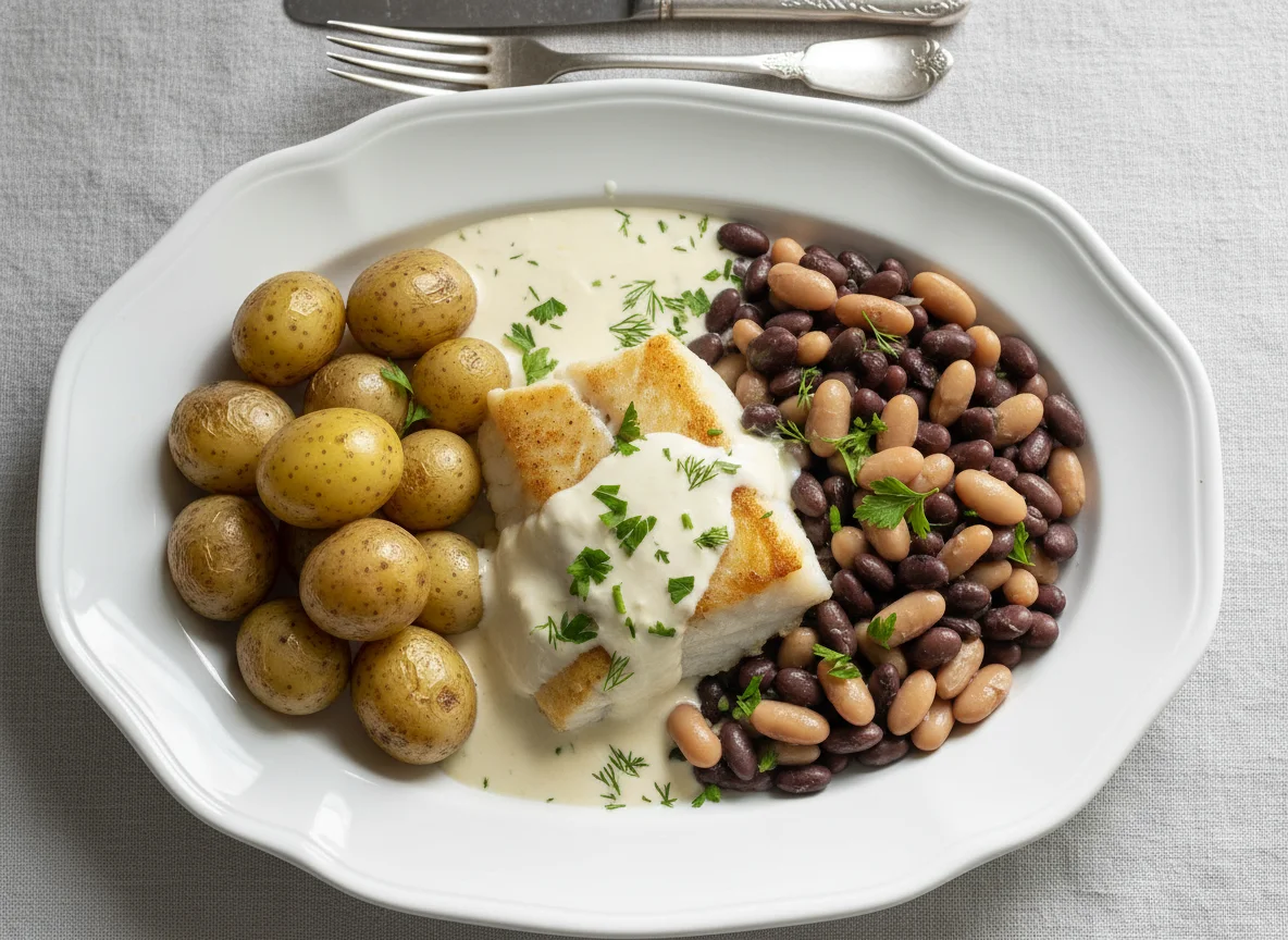 Fischfilet mit Bohnen, Kartoffeln und Rahmsauce photo