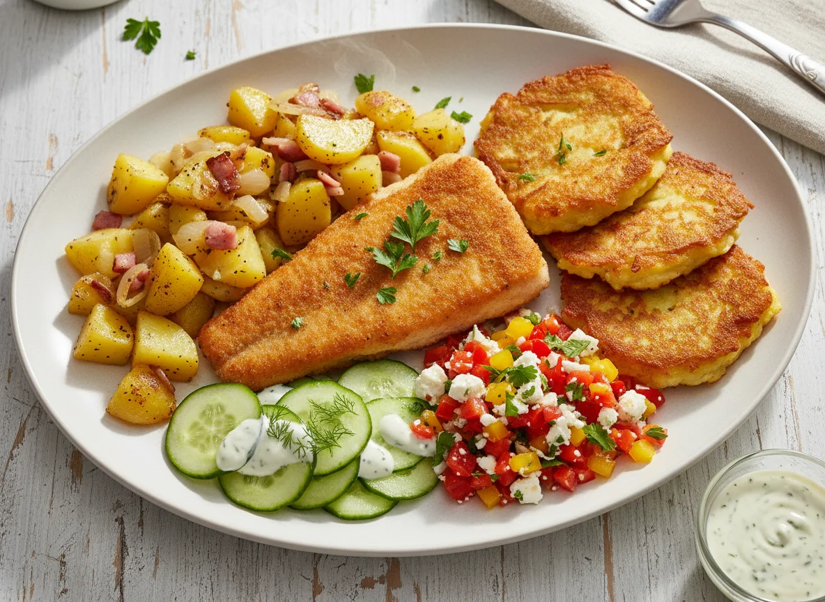 Fischfilet mit Bratkartoffeln, Reibekuchen und Salat photo