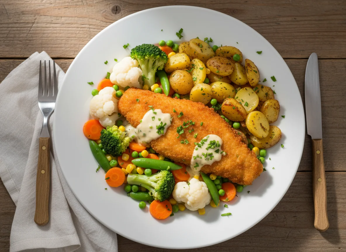 Fischfilet mit Bratkartoffeln und Gemüse photo