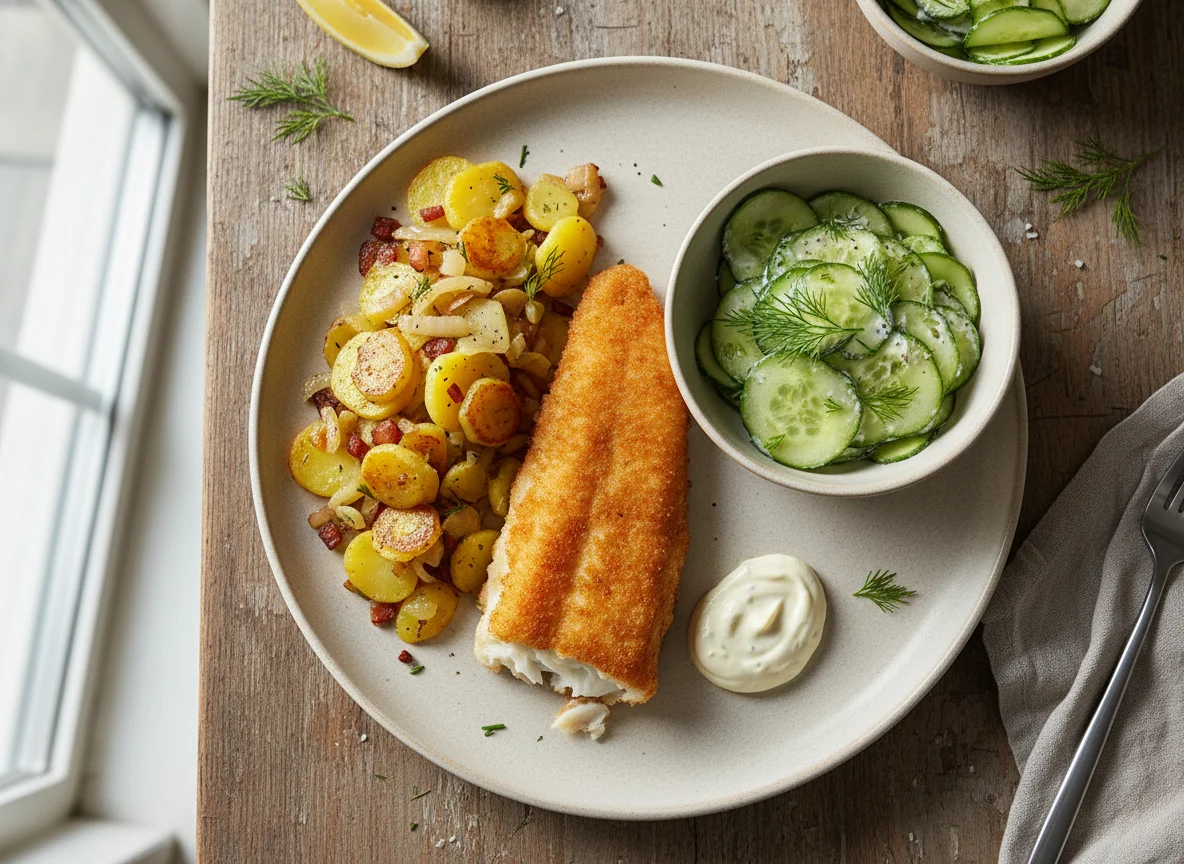 Fischfilet mit Bratkartoffeln und Gurkensalat photo