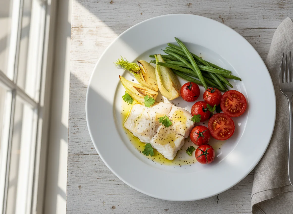Fischfilet mit Fenchel, grünen Bohnen und Tomaten photo