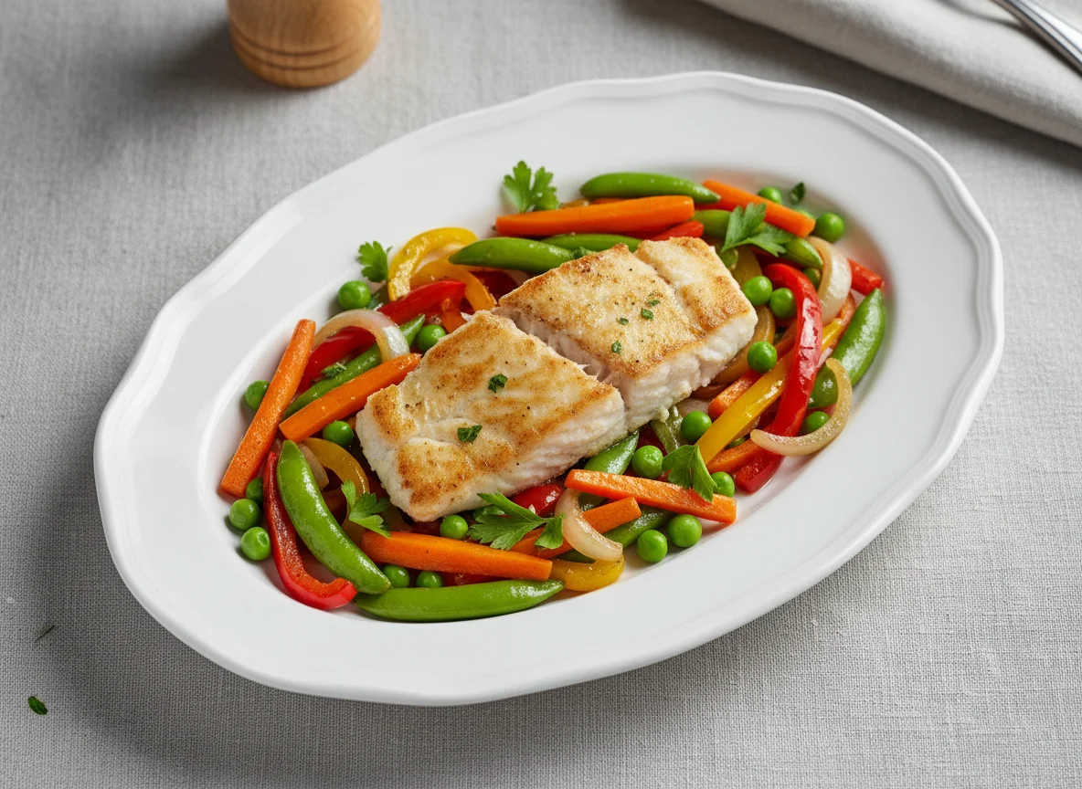 Fischfilet mit gebratenem Gemüse photo