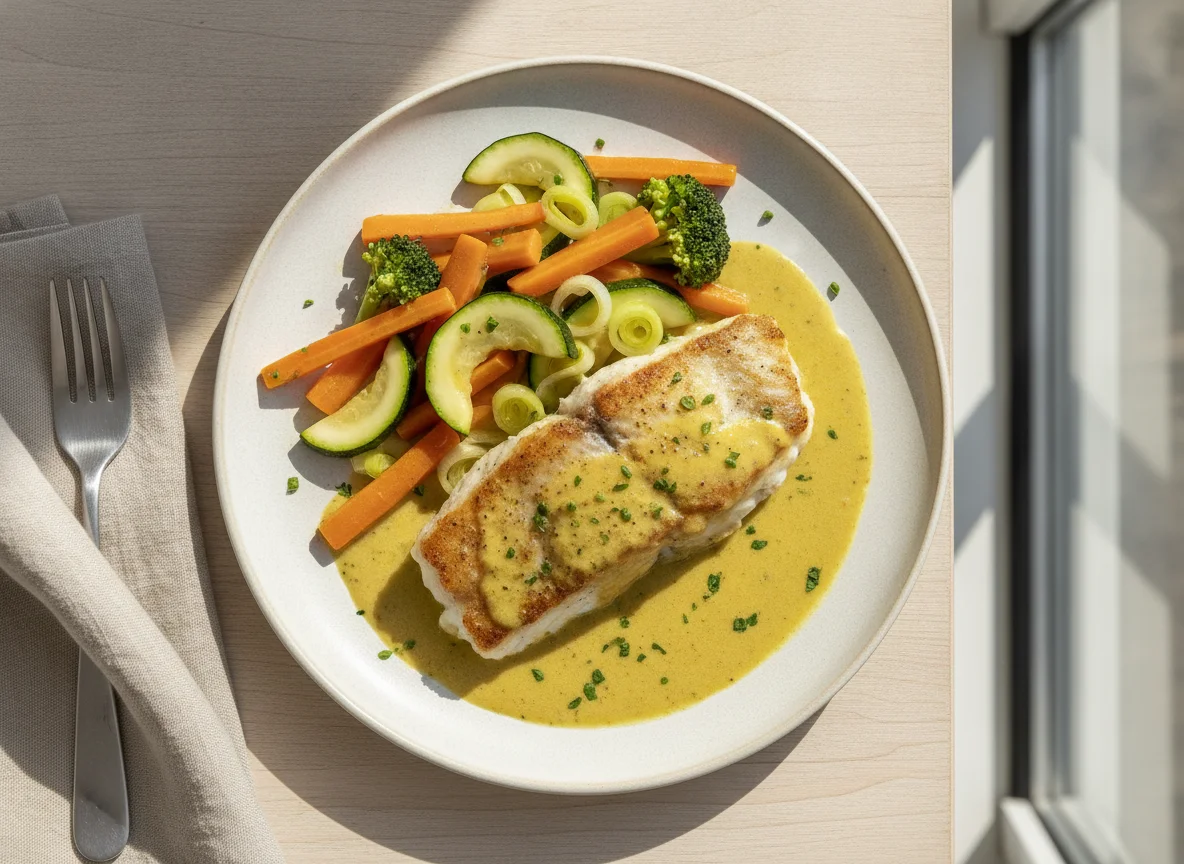 Fischfilet mit Gemüse und Currysauce photo