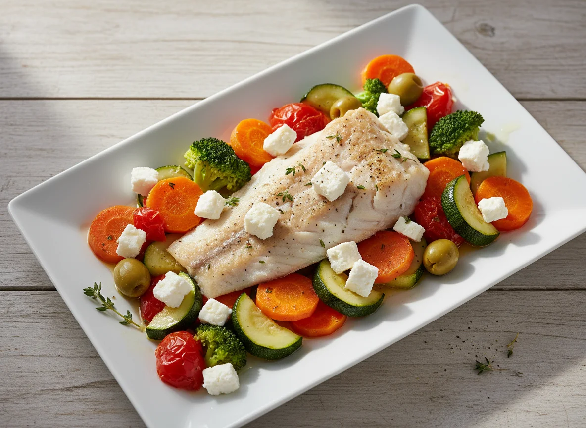 Fischfilet mit Gemüse und Feta photo