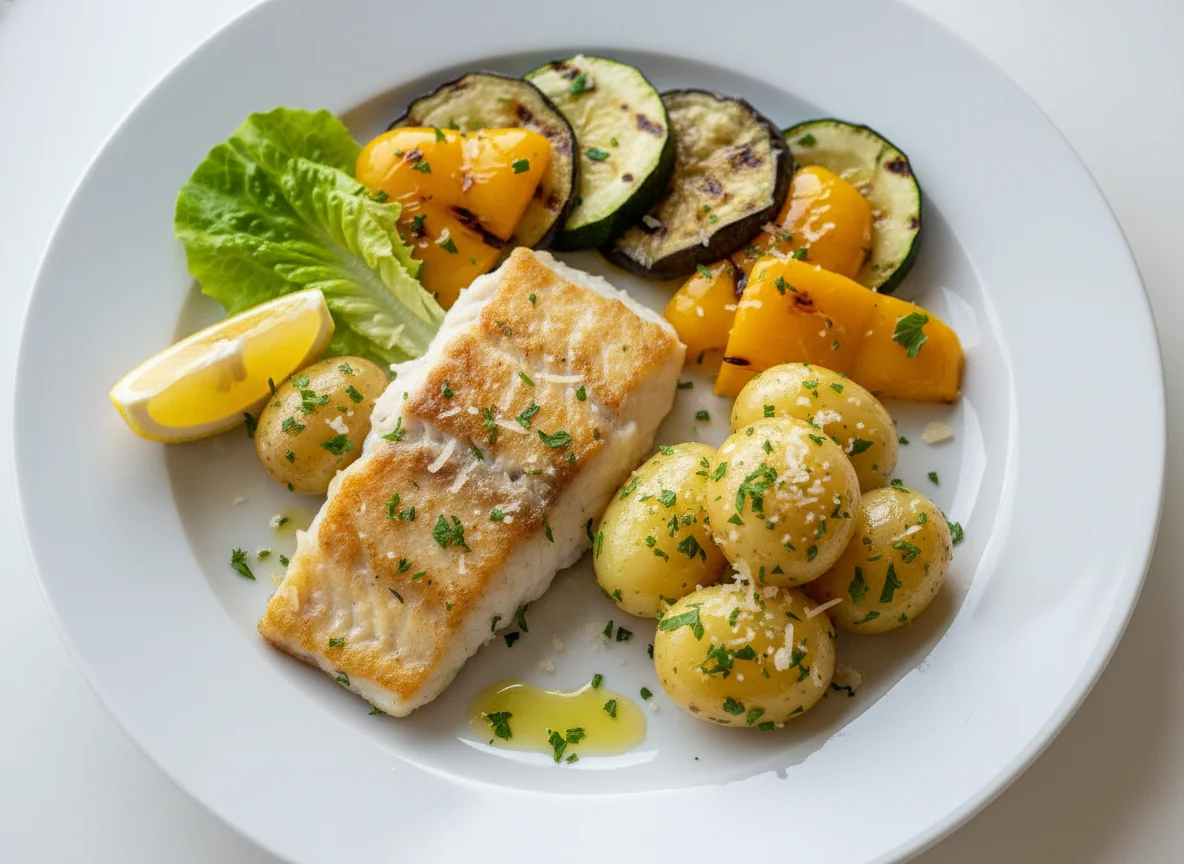 Fischfilet mit Gemüse und Kartoffeln photo