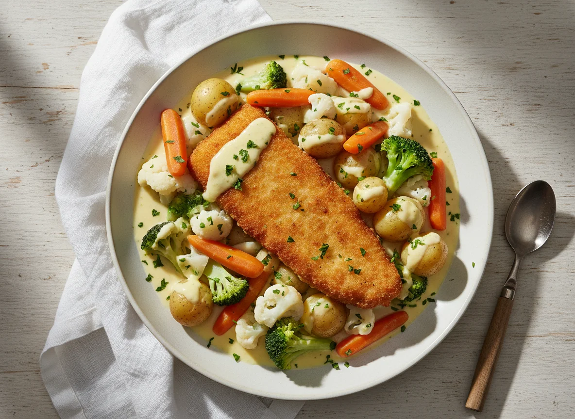 Fischfilet mit Gemüse und Kartoffeln in Rahmsauce photo
