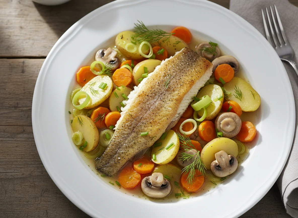 Fischfilet mit Gemüse und Pilzen photo