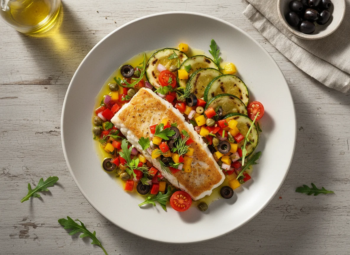 Fischfilet mit Gemüsesalsa und Zucchini photo