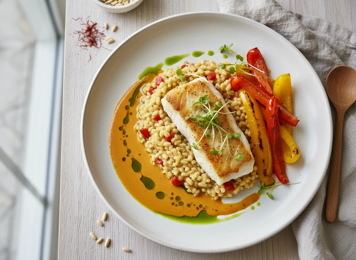 Fischfilet mit Gerste und Paprikagemüse photo