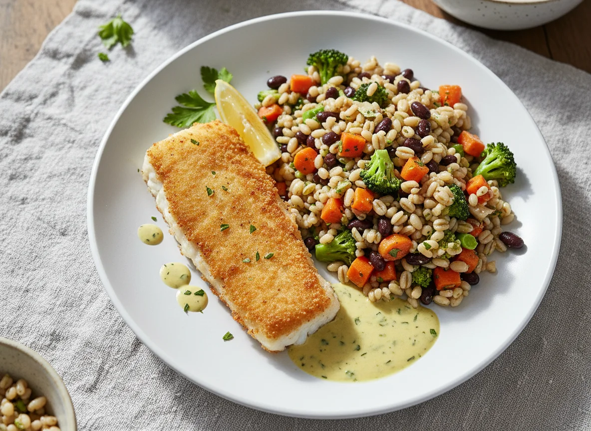 Fischfilet mit Getreidesalat und Sauce photo