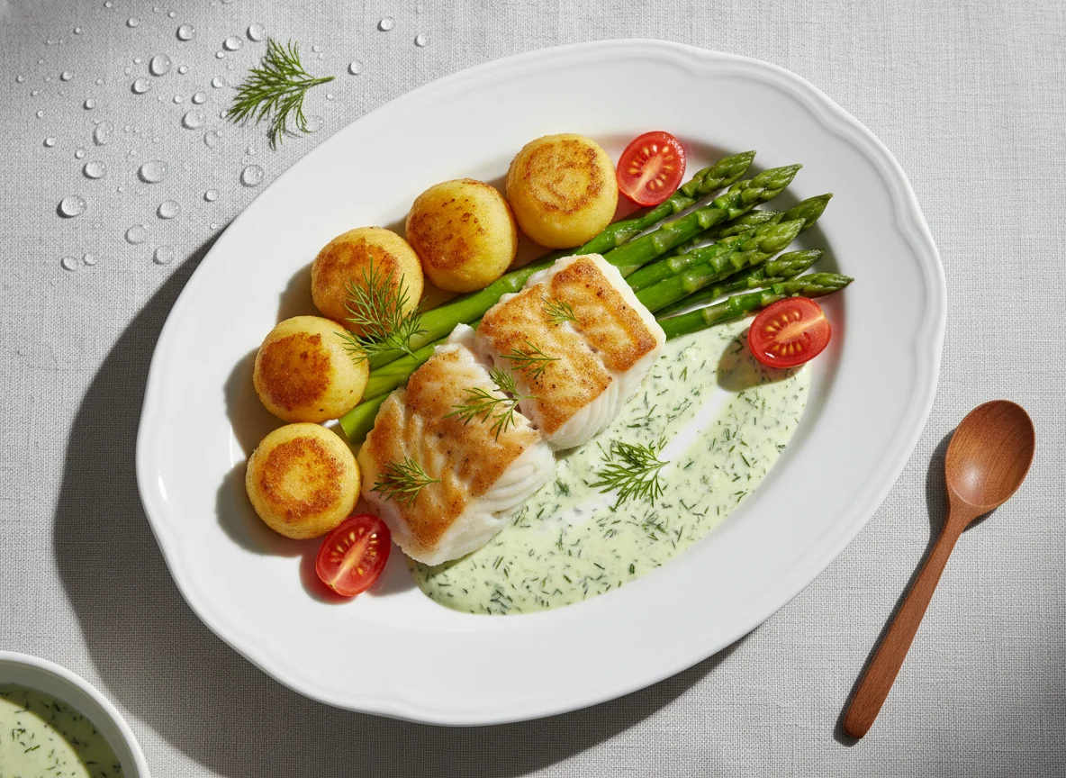 Fischfilet mit Kartoffelbällchen, Spargelgemüse und Dillsoße photo