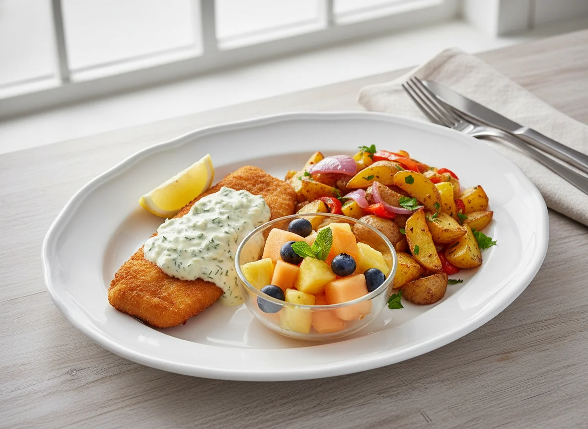 Fischfilet mit Kartoffelgemüse und Obstsalat photo