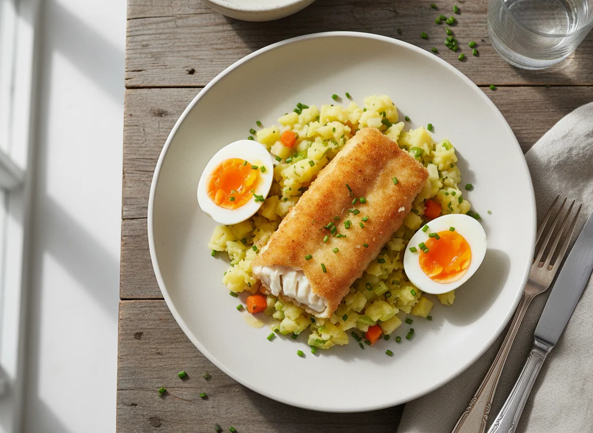 Fischfilet mit Kartoffel-Gemüse-Püree und Eiern photo