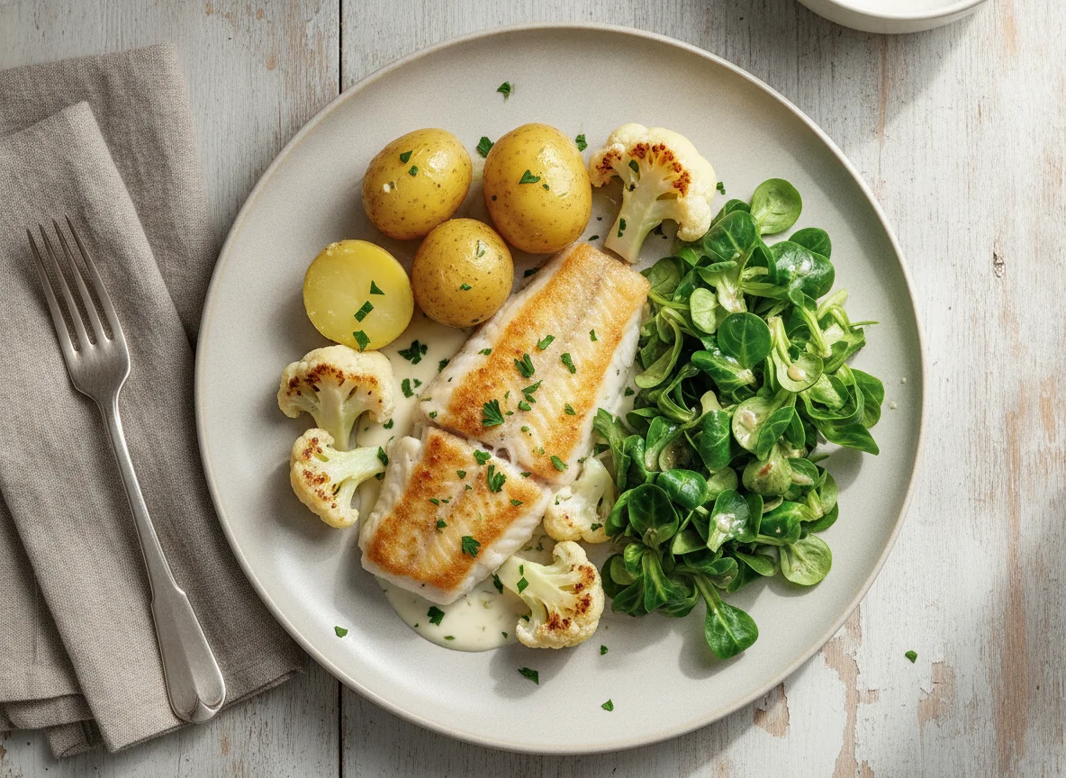 Fischfilet mit Kartoffeln, Blumenkohl und Feldsalat photo