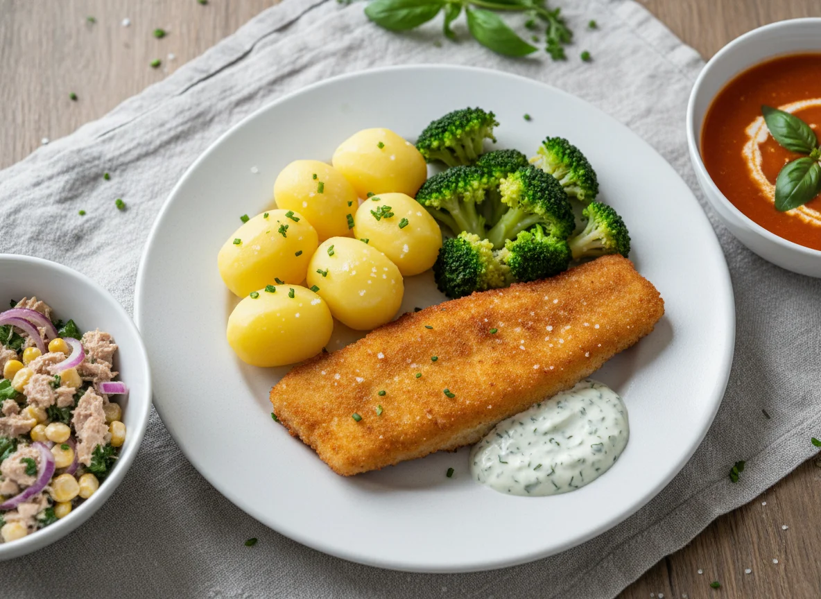 Fischfilet mit Kartoffeln, Brokkoli und Remoulade, dazu Thunfischsalat und Suppe photo