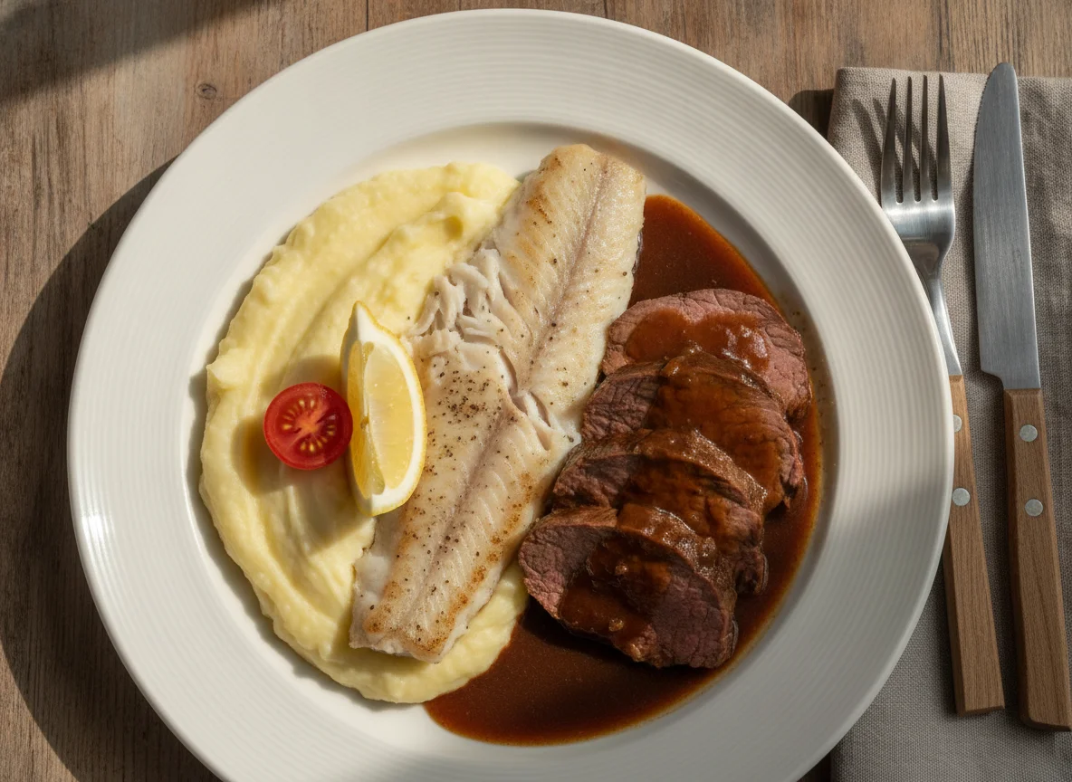 Fischfilet mit Kartoffeln, Rindfleisch und Sauce photo