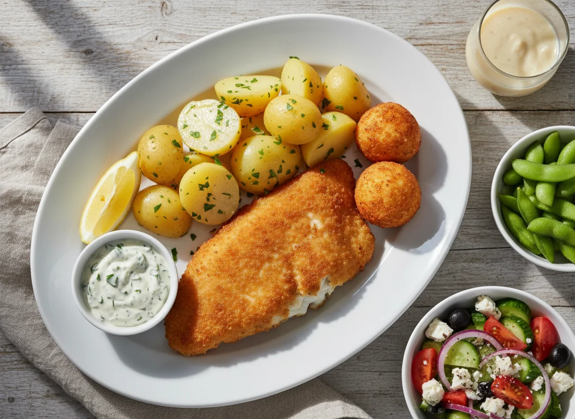 Fischfilet mit Kartoffeln und Beilagen photo