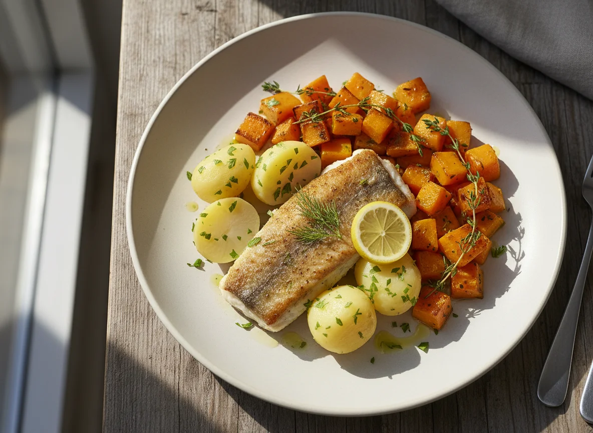 Fischfilet mit Kartoffeln und gebratenem Gemüse photo