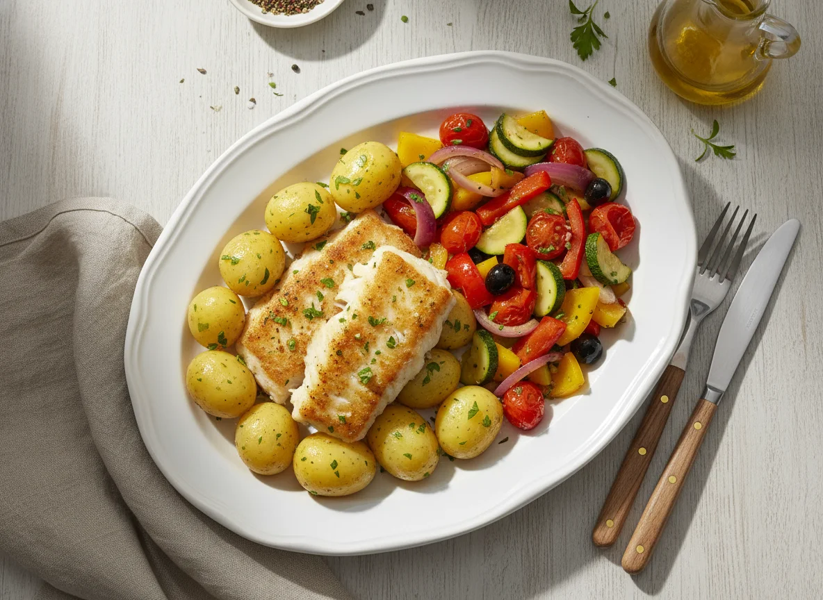 Fischfilet mit Kartoffeln und mediterranem Gemüse photo