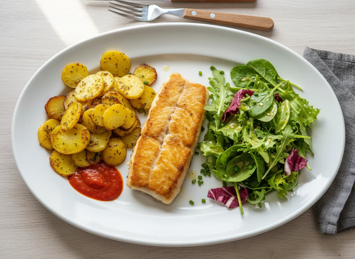 Fischfilet mit Kartoffeln und Salat photo