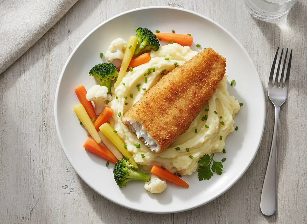 Fischfilet mit Kartoffelpüree und Gemüse photo
