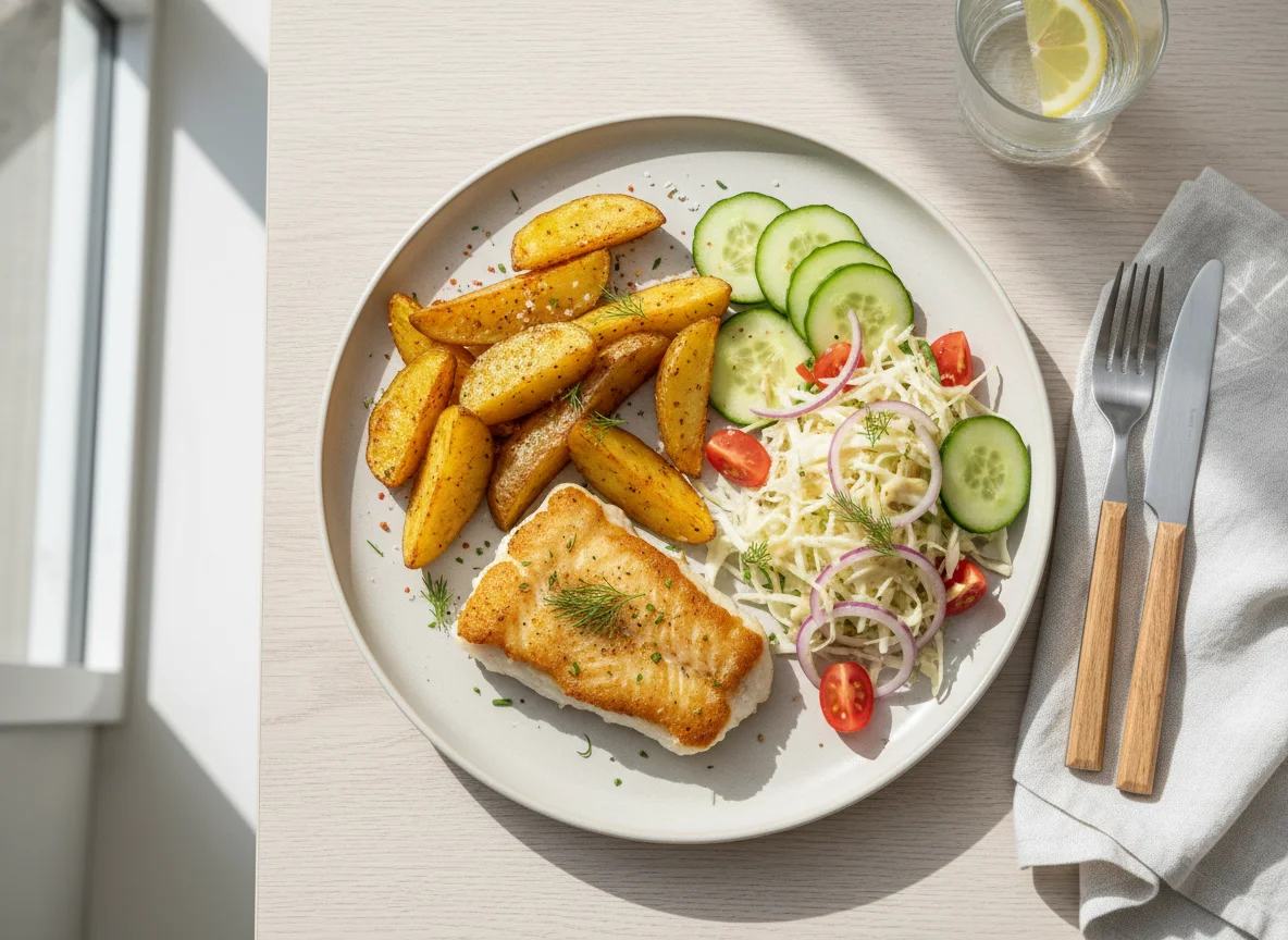 Fischfilet mit Kartoffelspalten und Salat photo