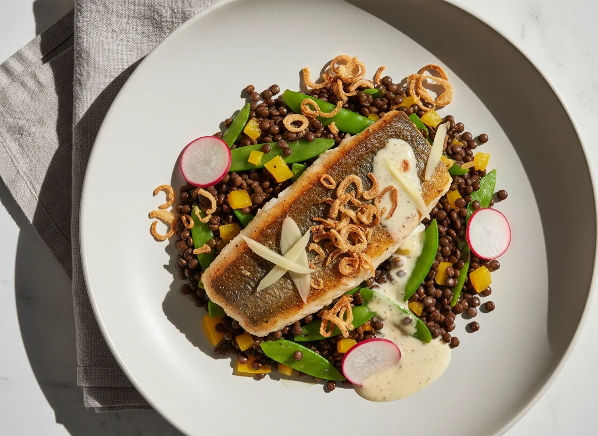 Fischfilet mit Linsen und Gemüse photo