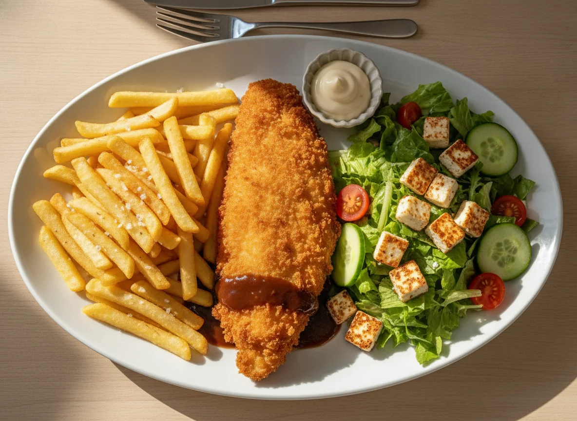 Fischfilet mit Pommes und Salat photo