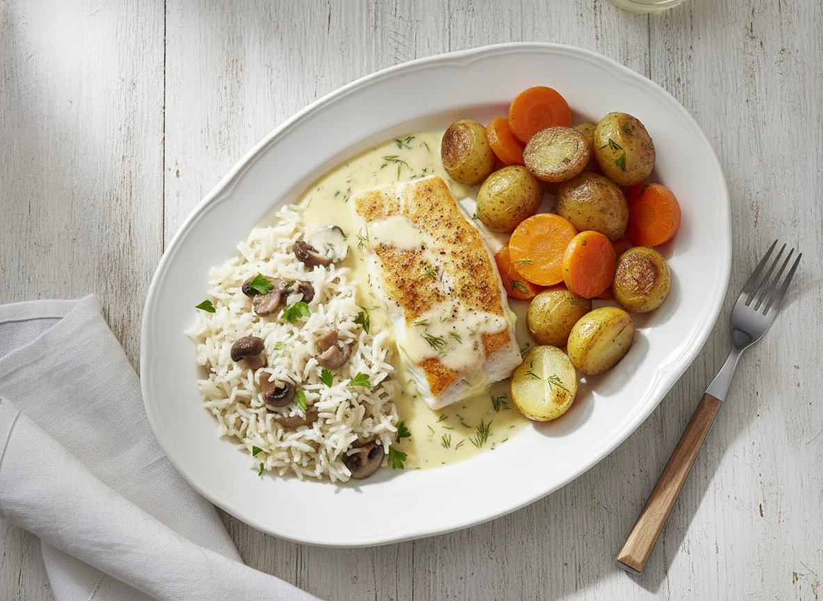 Fischfilet mit Reis, Kartoffeln und Karotten photo