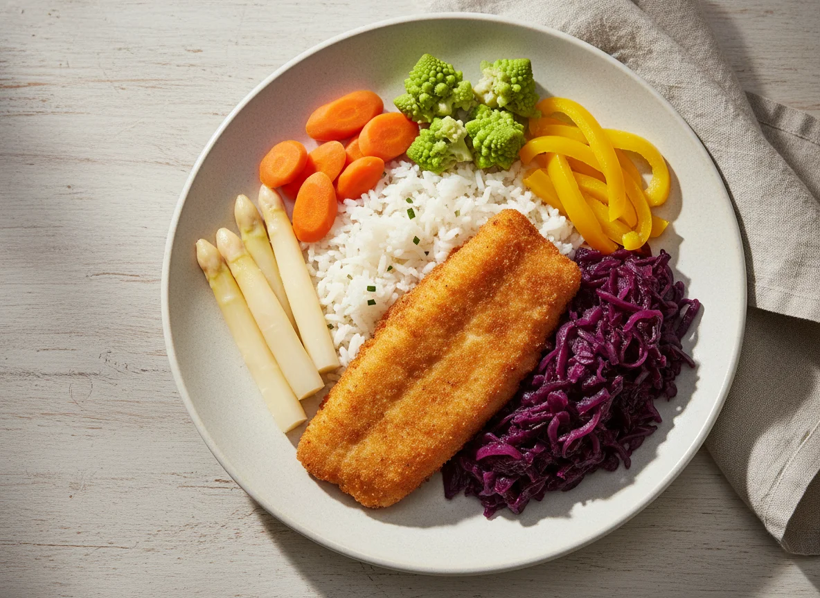 Fischfilet mit Reis, Rotkraut und Gemüse photo