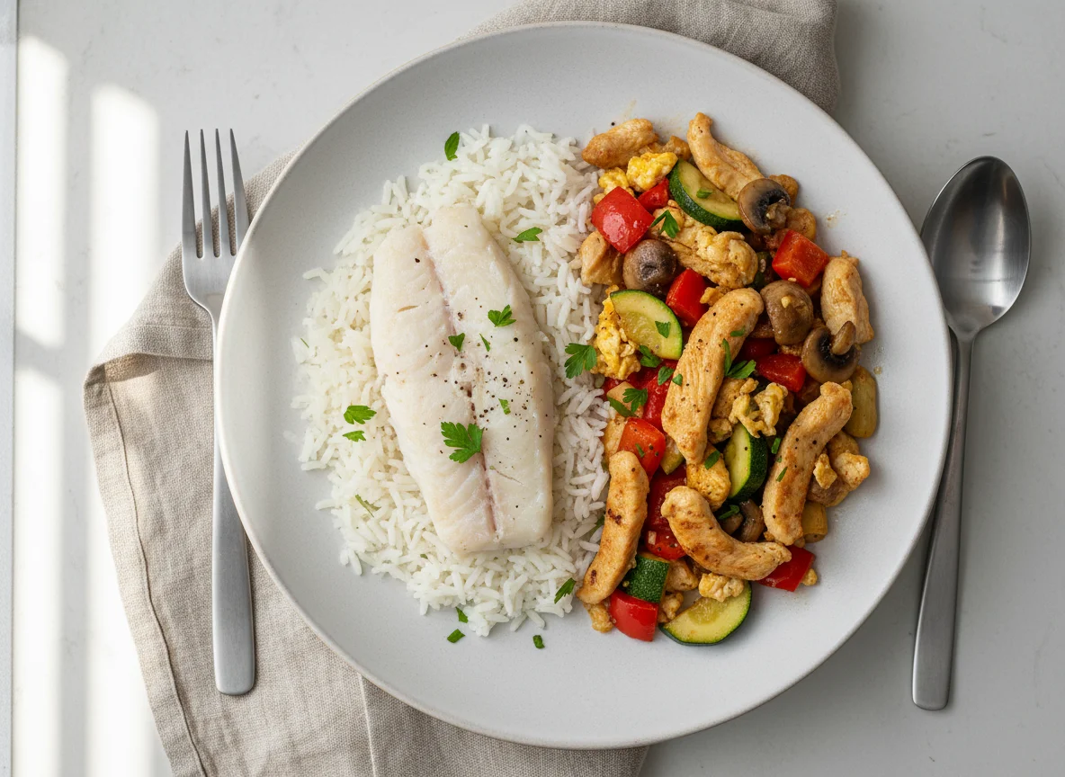 Fischfilet mit Reis und Gemüse-Fleisch-Pfanne photo