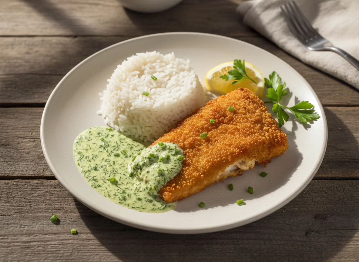 Fischfilet mit Reis und Kräutersauce photo