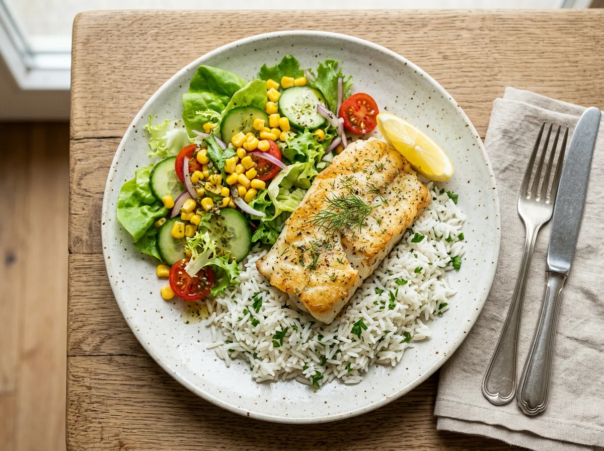 Fischfilet mit Reis und Salat photo