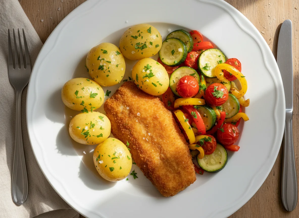 Fischfilet mit Salzkartoffeln und Gemüse photo