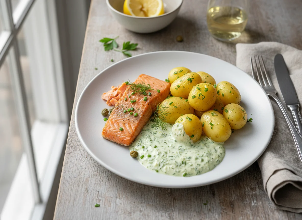 Fischfilet mit Salzkartoffeln und Kräutersauce photo
