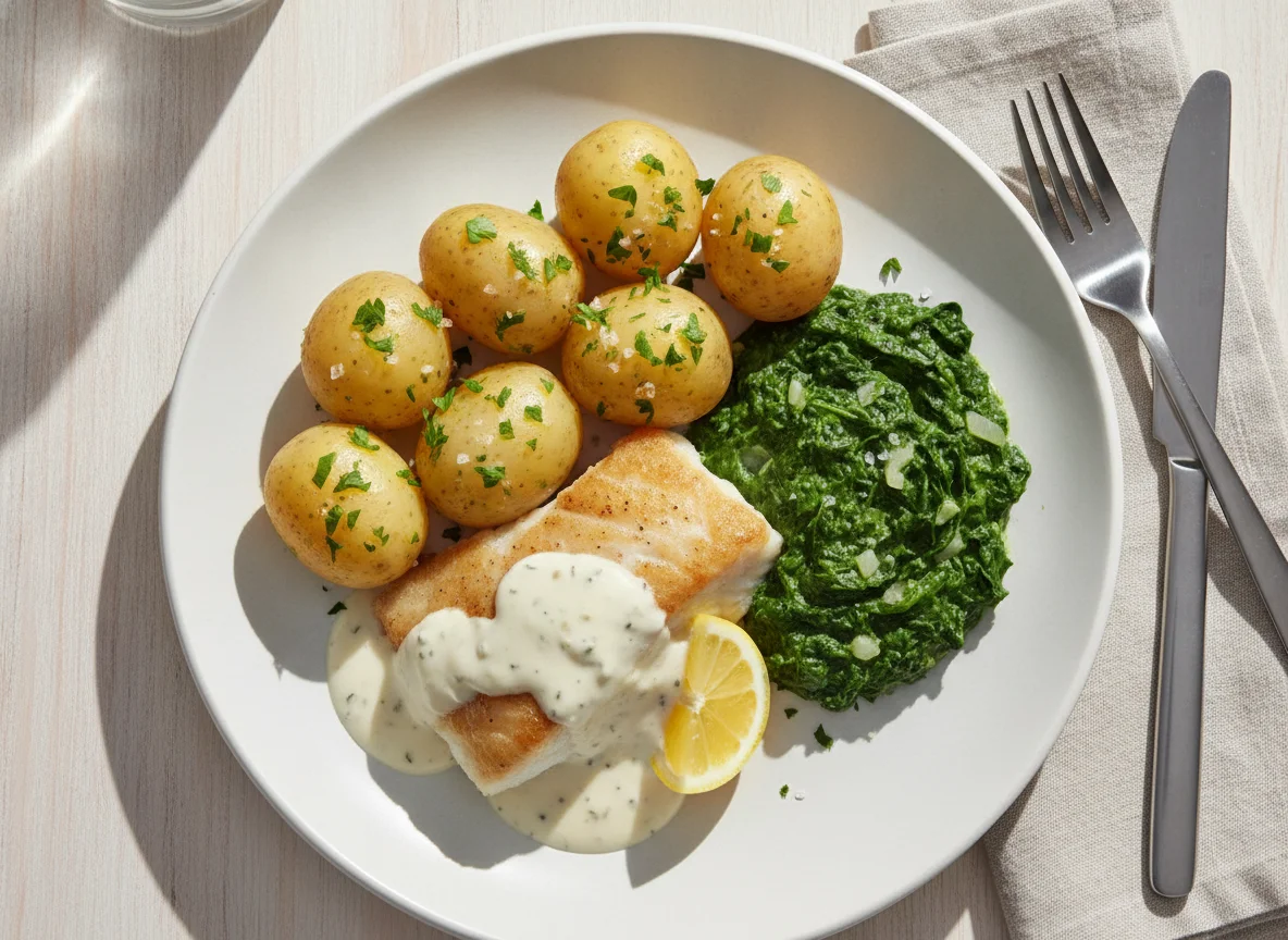 Fischfilet mit Salzkartoffeln und Rahmspinat photo