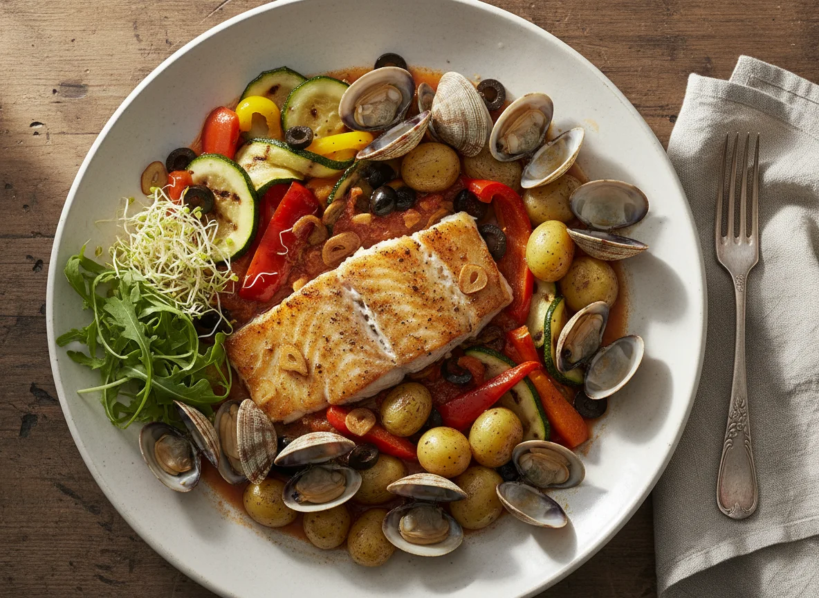 Fischfilet mit Venusmuscheln, mediterranem Gemüse und Kartoffeln photo
