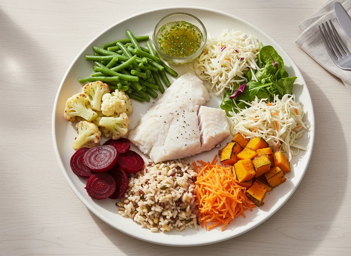 Fischfilet mit verschiedenen Salaten und Beilagen photo