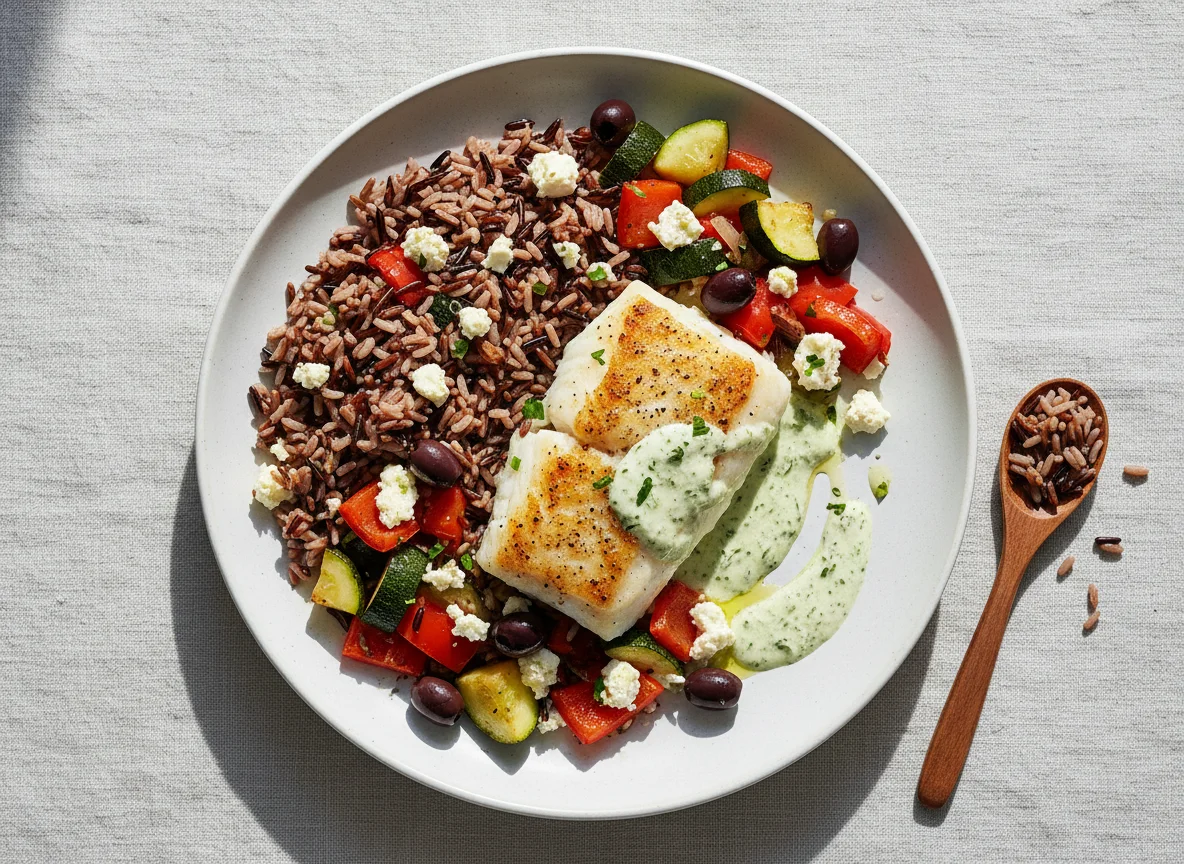 Fischfilet mit Wildreis und mediterranem Gemüse photo